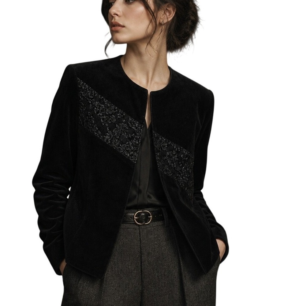 Yvonne & Marie Women Velvet Lace Panel Jacket Blazer 10 Black Career Chic Goth